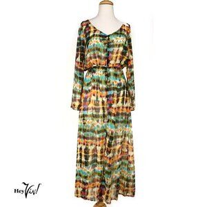 Sheer Summery Flowy Maxi Dress w Colorful Watercolor Pattern Size XL - Hey Viv